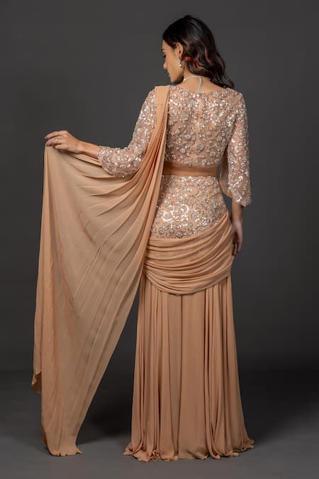 Damoiselle Mocha Gleam Pre-Draped Saree With Blouse 