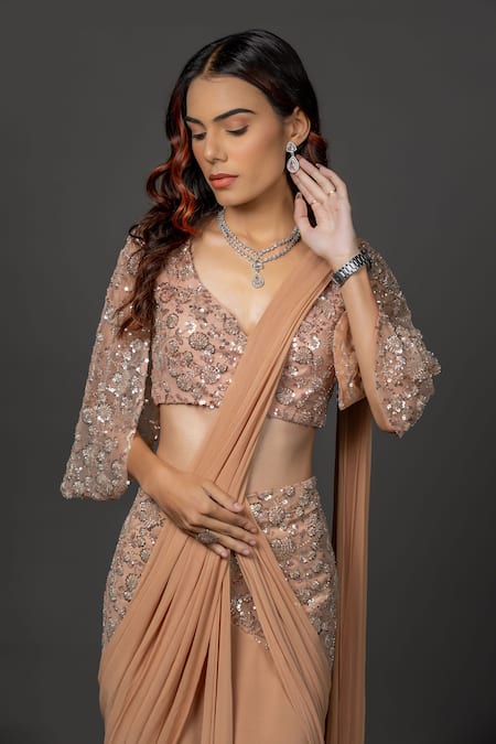 Shop_Damoiselle_Brown Viscose Georgette, Net, Shantoon Mocha Gleam Pre-draped Saree With Blouse _Online_at_Aza_Fashions