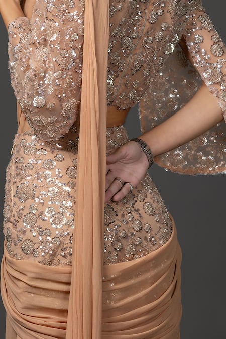 Buy_Damoiselle_Brown Viscose Georgette, Net, Shantoon Mocha Gleam Pre-draped Saree With Blouse 