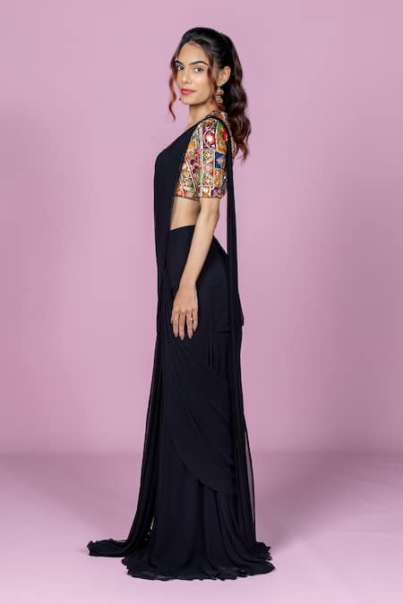Damoiselle_Black Georgette, Shantoon Embroidery, Nightshade Pre-draped Saree With Blouse _Online_at_Aza_Fashions