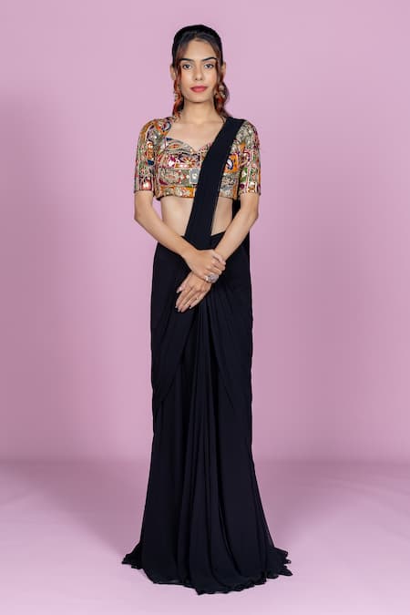 Buy_Damoiselle_Black Georgette, Shantoon Embroidery, Nightshade Pre-draped Saree With Blouse _Online_at_Aza_Fashions