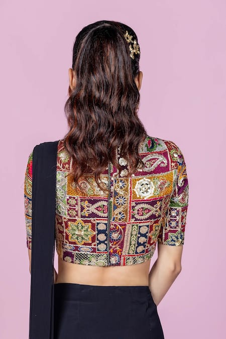 Shop_Damoiselle_Black Georgette, Shantoon Embroidery, Nightshade Pre-draped Saree With Blouse _Online_at_Aza_Fashions