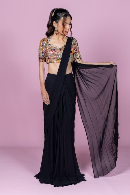 Damoiselle Nightshade Pre-Draped Saree With Blouse 