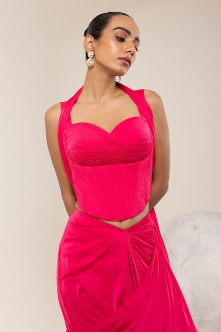 Buy_Libas Cafe by Nidhi & Ashish_Fuchsia Satin Sweetheart Neck Pre-draped Saree With Textured Corset _Online_at_Aza_Fashions