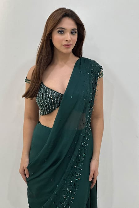 Libas Cafe by Nidhi & Ashish_Green Crepe Sequins, Beads Mahnoor Pre-draped Lehenga Saree With Blouse _Online_at_Aza_Fashions