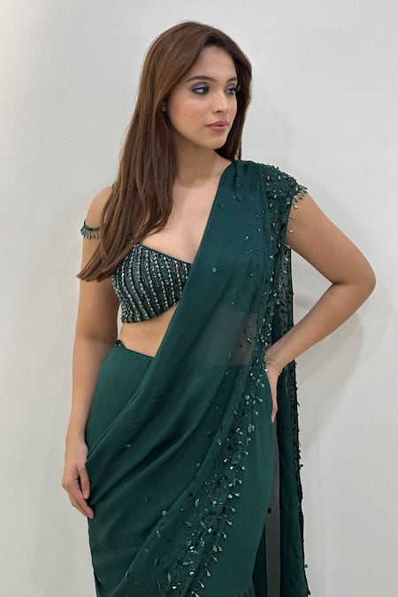 Buy_Libas Cafe by Nidhi & Ashish_Green Crepe Sequins, Beads Mahnoor Pre-draped Lehenga Saree With Blouse _Online_at_Aza_Fashions
