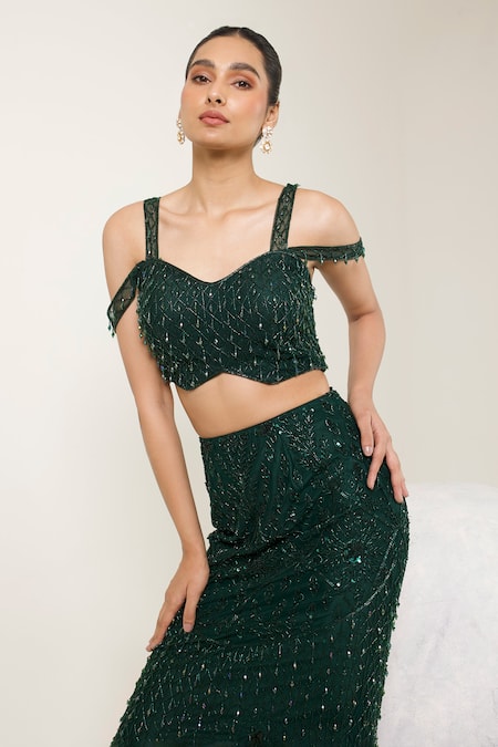 Libas Cafe by Nidhi & Ashish_Emerald Green Net Beads, Sequins, Embroidery, Gohar Blouse And Lehenga Set _Online_at_Aza_Fashions