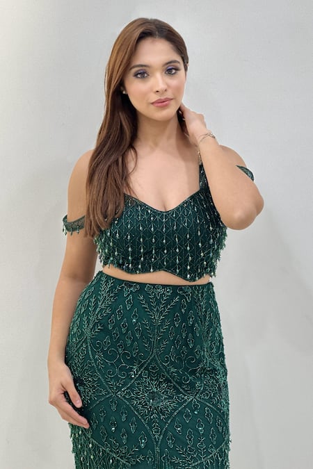 Shop_Libas Cafe by Nidhi & Ashish_Emerald Green Net Beads, Sequins, Embroidery, Gohar Blouse And Lehenga Set _Online_at_Aza_Fashions