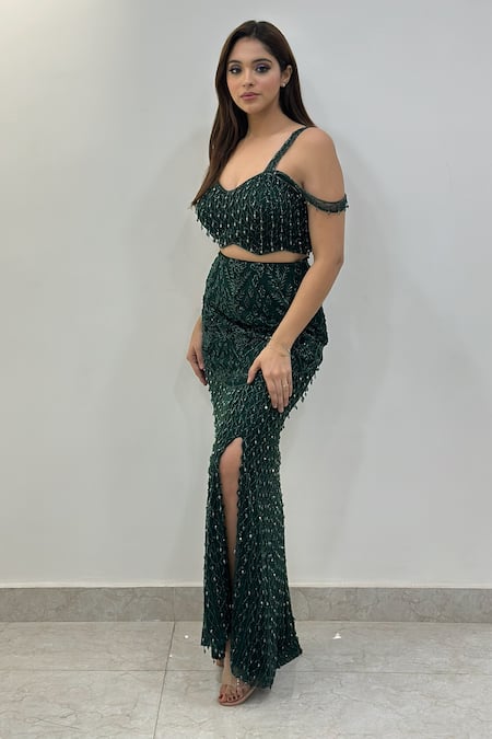 Libas Cafe by Nidhi & Ashish_Emerald Green Net Beads, Sequins, Embroidery, Gohar Blouse And Lehenga Set _at_Aza_Fashions