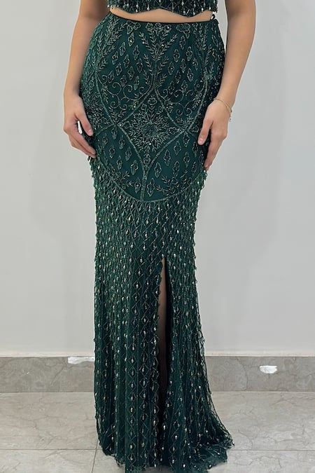 Buy_Libas Cafe by Nidhi & Ashish_Emerald Green Net Beads, Sequins, Embroidery, Gohar Blouse And Lehenga Set 