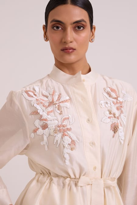 Madder Much_Ivory Chanderi Silk, Cotton Embroidery, Beads, Orion Drawstring Top With Skirt _Online_at_Aza_Fashions