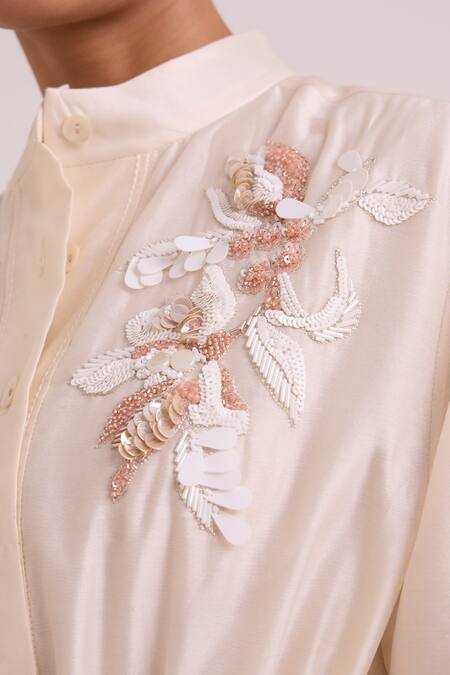 Buy_Madder Much_Ivory Chanderi Silk, Cotton Embroidery, Beads, Orion Drawstring Top With Skirt _Online_at_Aza_Fashions