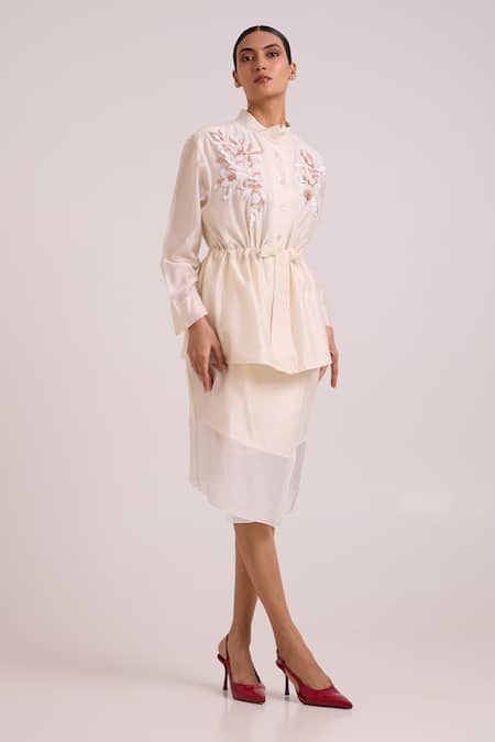 Shop_Madder Much_Ivory Chanderi Silk, Cotton Embroidery, Beads, Orion Drawstring Top With Skirt _Online_at_Aza_Fashions