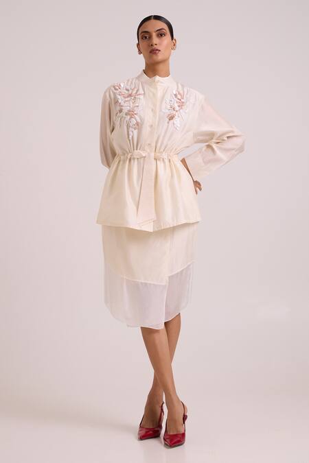 Madder Much_Ivory Chanderi Silk, Cotton Embroidery, Beads, Orion Drawstring Top With Skirt _at_Aza_Fashions