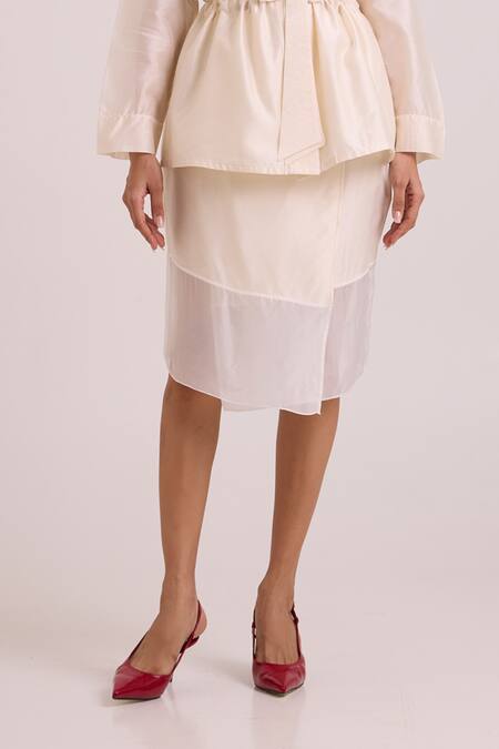 Buy_Madder Much_Ivory Chanderi Silk, Cotton Embroidery, Beads, Orion Drawstring Top With Skirt 