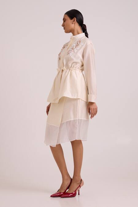Shop_Madder Much_Ivory Chanderi Silk, Cotton Embroidery, Beads, Orion Drawstring Top With Skirt 