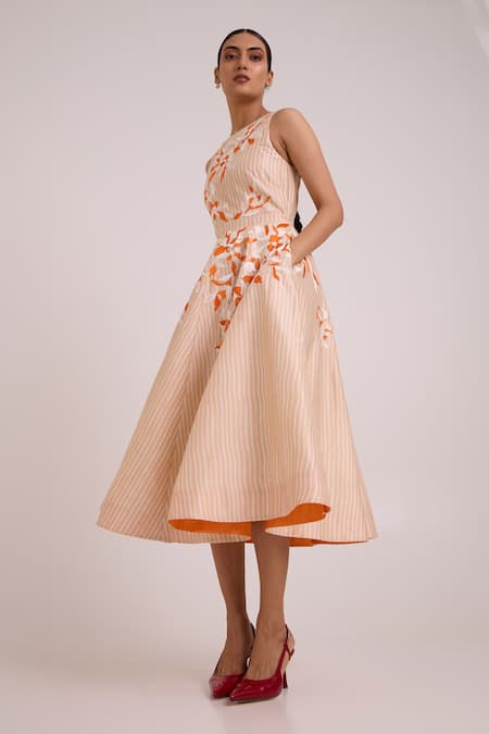 Madder Much_Multi Color Chanderi Silk, Cotton Embroidery Roselyn Almond And Autumn Midi Dress _Online_at_Aza_Fashions