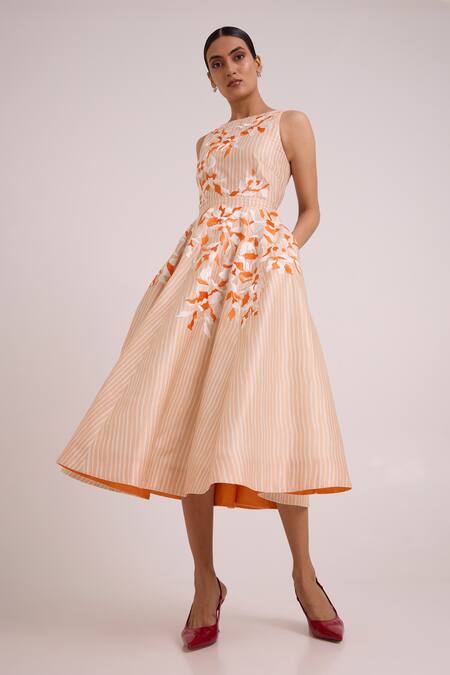 Shop_Madder Much_Multi Color Chanderi Silk, Cotton Embroidery Roselyn Almond And Autumn Midi Dress _Online_at_Aza_Fashions