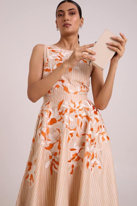 Madder Much_Multi Color Chanderi Silk, Cotton Embroidery Roselyn Almond And Autumn Midi Dress _at_Aza_Fashions