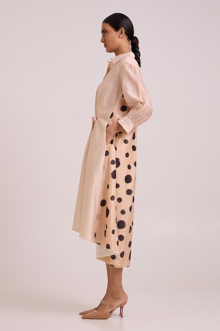 Madder Much Beige Chanderi Silk, Cotton Collared, Philo Almond Burst Back Drop Shirt Dress Online at Aza Fashions Madder Much_Beige Chanderi Silk, Cotton Collared, Philo Almond Burst Back Drop Shirt Dress _Online_at_Aza_Fashions