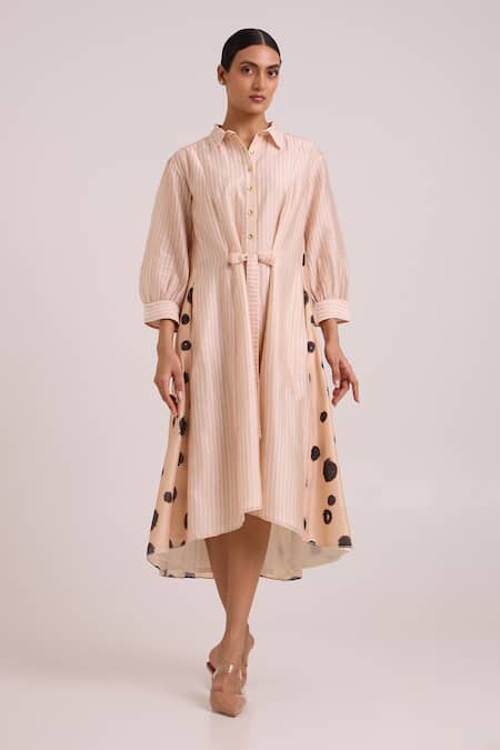 Buy Madder Much Beige Chanderi Silk, Cotton Collared, Philo Almond Burst Back Drop Shirt Dress Online at Aza Fashions Buy_Madder Much_Beige Chanderi Silk, Cotton Collared, Philo Almond Burst Back Drop Shirt Dress _Online_at_Aza_Fashions