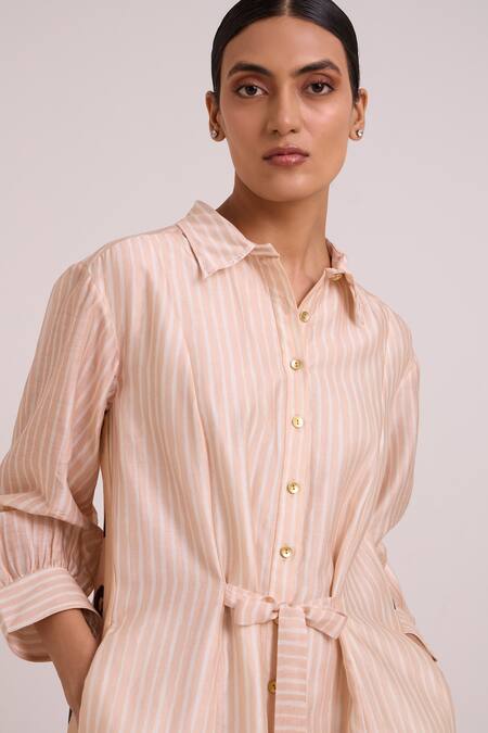 Shop Madder Much Beige Chanderi Silk, Cotton Collared, Philo Almond Burst Back Drop Shirt Dress Online at Aza Fashions Shop_Madder Much_Beige Chanderi Silk, Cotton Collared, Philo Almond Burst Back Drop Shirt Dress _Online_at_Aza_Fashions