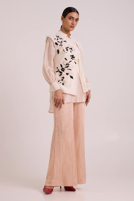 Shop Madder Much Peach Chanderi Silk, Bemberg, Cotton Satin V-neck, Monroe Diwan Vest Pant Set Online at Aza Fashions Shop_Madder Much_Peach Chanderi Silk, Bemberg, Cotton Satin V-neck, Monroe Diwan Vest Pant Set _Online_at_Aza_Fashions