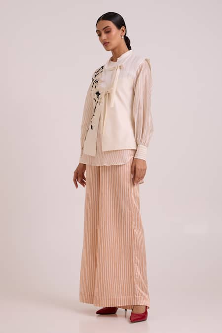 Madder Much Peach Chanderi Silk, Bemberg, Cotton Satin V-neck, Monroe Diwan Vest Pant Set at Aza Fashions Madder Much_Peach Chanderi Silk, Bemberg, Cotton Satin V-neck, Monroe Diwan Vest Pant Set _at_Aza_Fashions