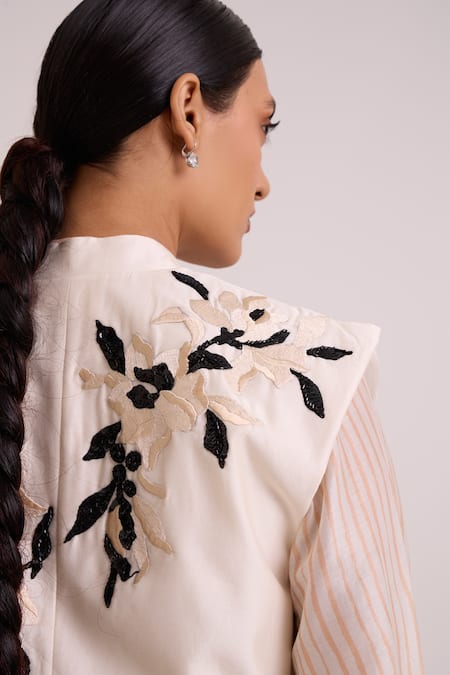 Shop Madder Much Peach Chanderi Silk, Bemberg, Cotton Satin V-neck, Monroe Diwan Vest Pant Set Shop_Madder Much_Peach Chanderi Silk, Bemberg, Cotton Satin V-neck, Monroe Diwan Vest Pant Set