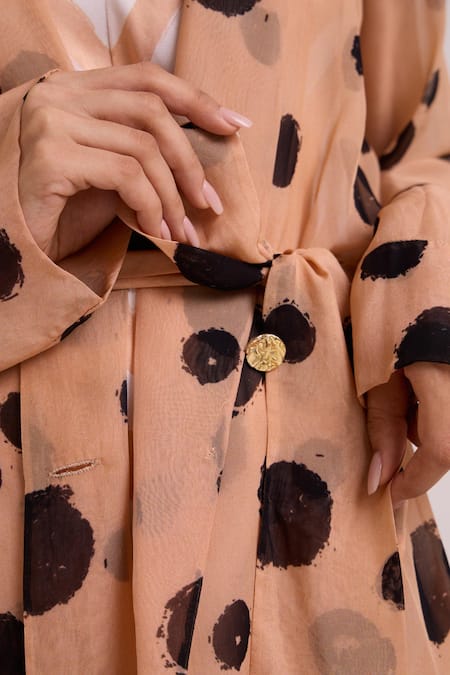 Madder Much Beige Organza, Cotton Satin, Neo Almond Burst Flap Trench Jacket With Dress Online at Aza Fashions Madder Much_Beige Organza, Cotton Satin, Neo Almond Burst Flap Trench Jacket With Dress _Online_at_Aza_Fashions