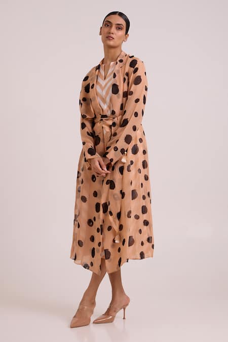 Shop Madder Much Beige Organza, Cotton Satin, Neo Almond Burst Flap Trench Jacket With Dress Online at Aza Fashions Shop_Madder Much_Beige Organza, Cotton Satin, Neo Almond Burst Flap Trench Jacket With Dress _Online_at_Aza_Fashions