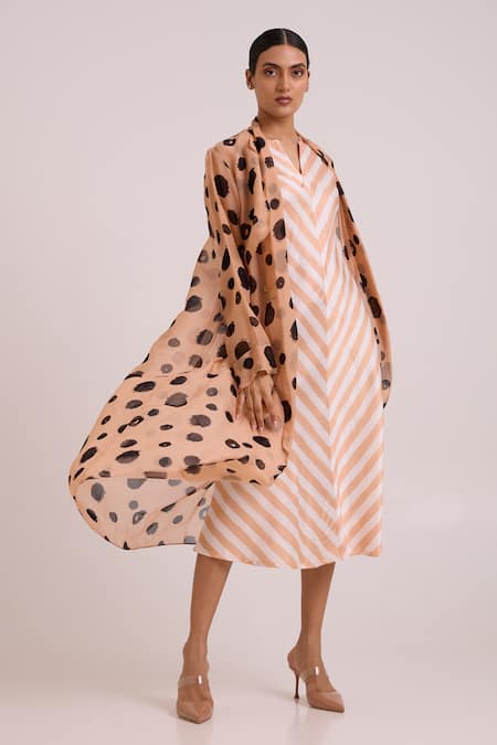 Madder Much Beige Organza, Cotton Satin, Neo Almond Burst Flap Trench Jacket With Dress at Aza Fashions Madder Much_Beige Organza, Cotton Satin, Neo Almond Burst Flap Trench Jacket With Dress _at_Aza_Fashions