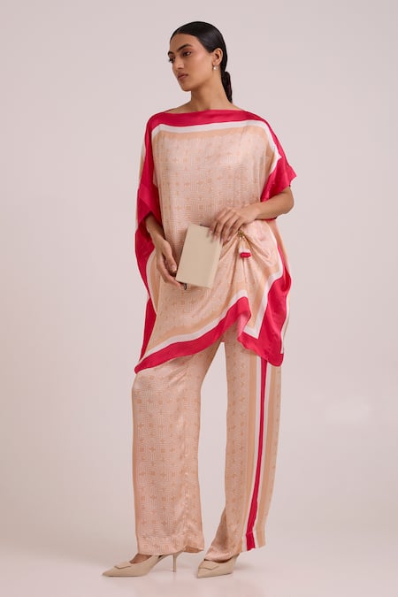 Madder Much_Multi Color Georgette, Satin Tassels Boat Neck Ronnie Kaftan Tunic And Pant Set _at_Aza_Fashions