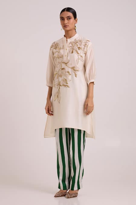 Madder Much_Ivory Chanderi Silk, Cotton Satin, Bemberg Amira Golden Hour Tunic And Pant Set _Online_at_Aza_Fashions