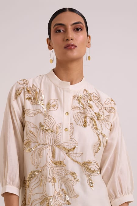 Buy_Madder Much_Ivory Chanderi Silk, Cotton Satin, Bemberg Amira Golden Hour Tunic And Pant Set _Online_at_Aza_Fashions