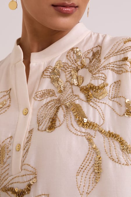 Shop_Madder Much_Ivory Chanderi Silk, Cotton Satin, Bemberg Amira Golden Hour Tunic And Pant Set _Online_at_Aza_Fashions