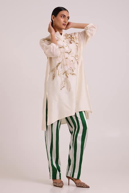 Buy_Madder Much_Ivory Chanderi Silk, Cotton Satin, Bemberg Amira Golden Hour Tunic And Pant Set 