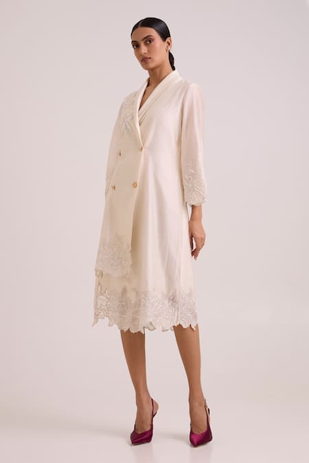 Buy_Madder Much_Ivory Chanderi Silk Embroidery, Beads, Sequins Logan Quattro Button Blazer Dress _Online_at_Aza_Fashions