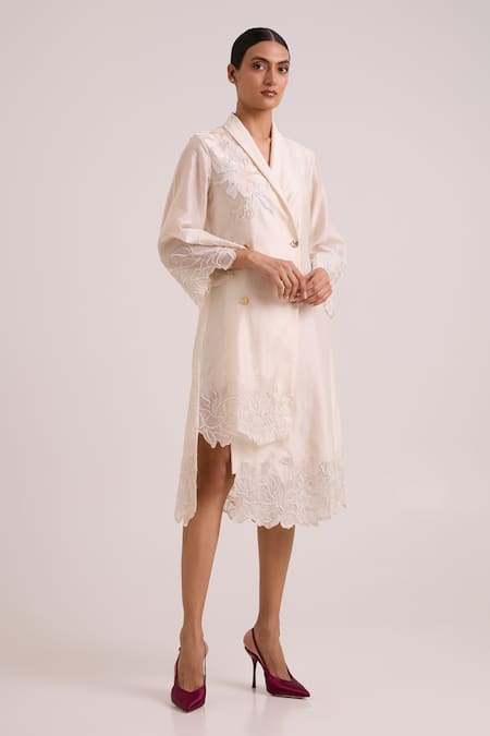 Buy_Madder Much_Ivory Chanderi Silk Embroidery, Beads, Sequins Logan Quattro Button Blazer Dress 