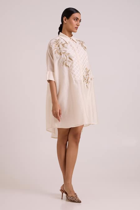 Buy_Madder Much_Ivory Chanderi Silk, Modal Embroidery, Metallic Thread Mimi Framed Shirt Dress _Online_at_Aza_Fashions