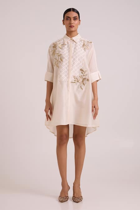Shop_Madder Much_Ivory Chanderi Silk, Modal Embroidery, Metallic Thread Mimi Framed Shirt Dress _Online_at_Aza_Fashions