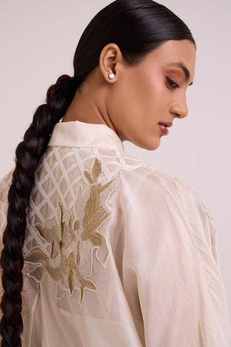 Madder Much_Ivory Chanderi Silk, Modal Embroidery, Metallic Thread Mimi Framed Shirt Dress _at_Aza_Fashions