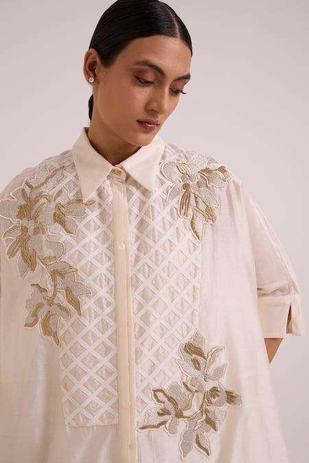 Shop_Madder Much_Ivory Chanderi Silk, Modal Embroidery, Metallic Thread Mimi Framed Shirt Dress 