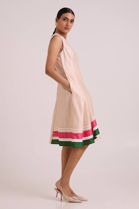 Shop_Madder Much_Beige Chanderi Silk V-neck Bambi Almond Striped Cruise Dress _Online_at_Aza_Fashions