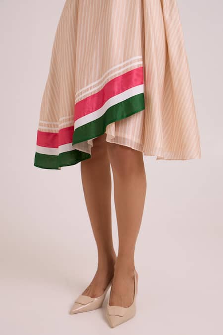 Madder Much_Beige Chanderi Silk V-neck Bambi Almond Striped Cruise Dress _at_Aza_Fashions