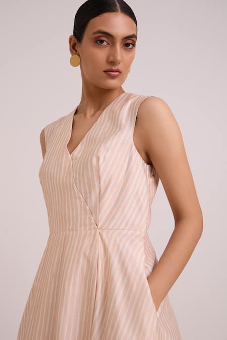 Buy_Madder Much_Beige Chanderi Silk V-neck Bambi Almond Striped Cruise Dress 