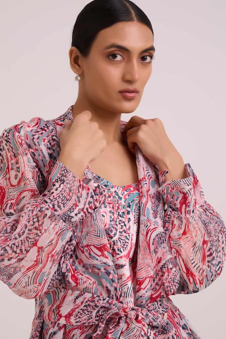 Madder Much_Multi Color Organza, Bemberg, Joanne Tropical Buzz Trench Jacket With Dress _Online_at_Aza_Fashions