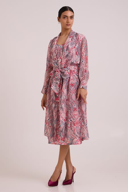 Buy_Madder Much_Multi Color Organza, Bemberg, Joanne Tropical Buzz Trench Jacket With Dress _Online_at_Aza_Fashions