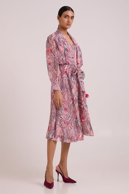 Shop_Madder Much_Multi Color Organza, Bemberg, Joanne Tropical Buzz Trench Jacket With Dress _Online_at_Aza_Fashions