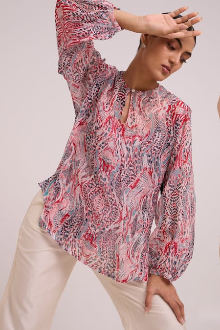 Shop_Madder Much_Multi Color Organza, Chanderi Silk Round Neck, Zeah Bakers Top And Pant Set _Online_at_Aza_Fashions